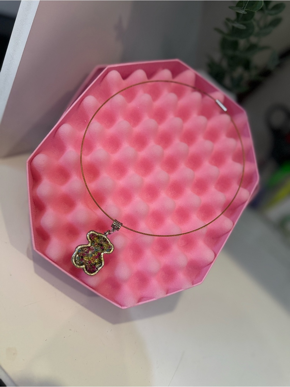 Gold Tone Bear Pendant Necklace with Multicolor Accents - Pink